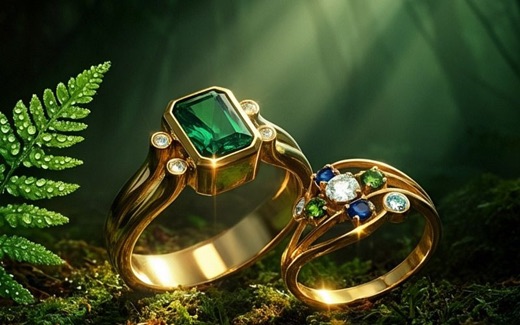 AI-generated creative jewelry scene with two gemstone rings in a forest setting