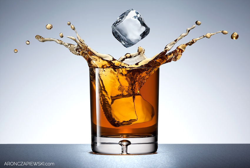 Product Photography Tutorial Glass of Whiskey with Splash and Ice Drop